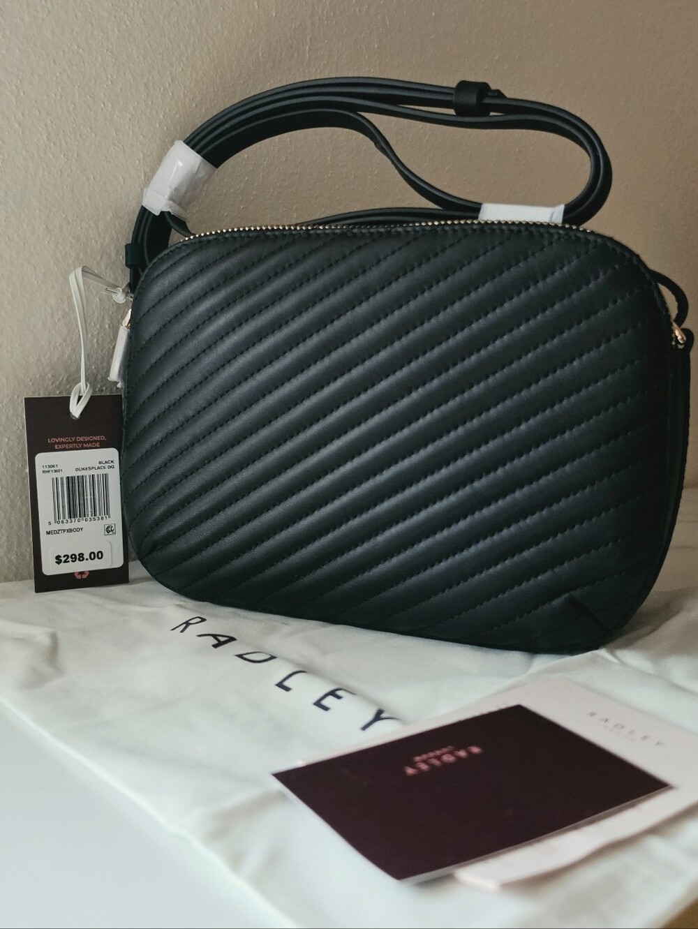 Radley London Dukes Place Quilted Medium Ziptop Leather Crossbody Bag Black $298
